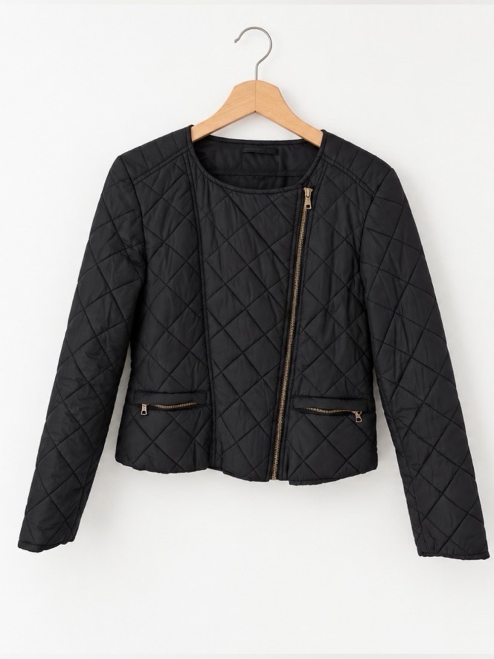 Black Quilted Asymmetric Zip Jacket - Women